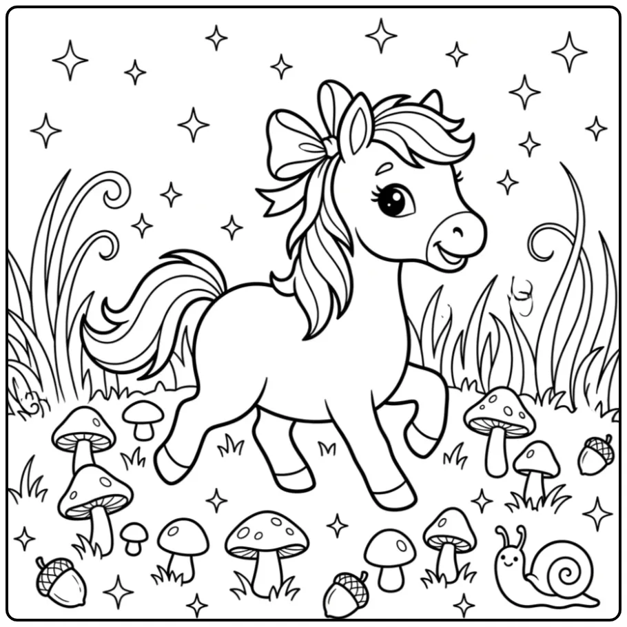 Schattige veulen kleurplaat met strik bij paddenstoelen.