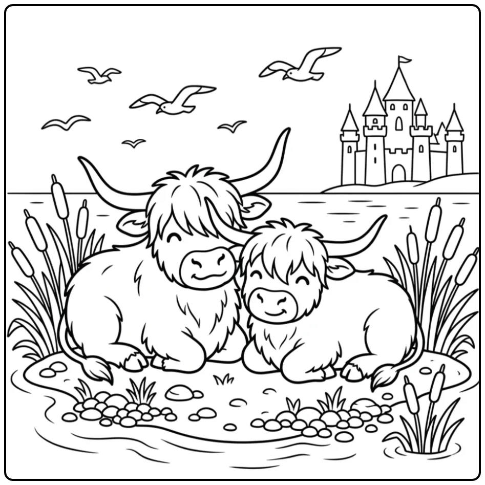 Schattige schotse hooglander kleurplaat aan een kalm meer.