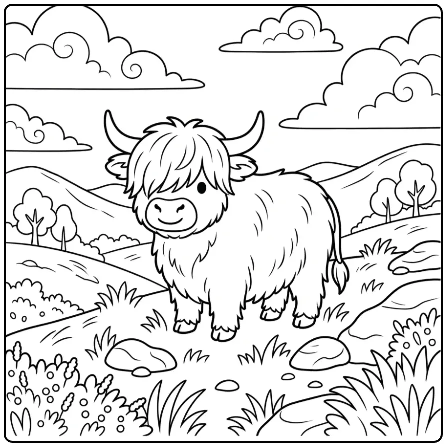 Schattige schotse hooglander kleurplaat in de natuur.
