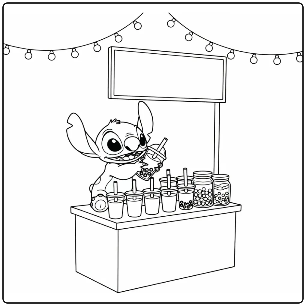 Schattige stitch bubble tea kleurplaat aan een kraampje.