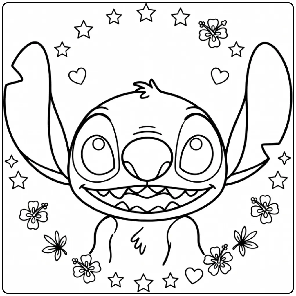 Schattige stitch hoofd kleurplaat met bloemen en sterren.