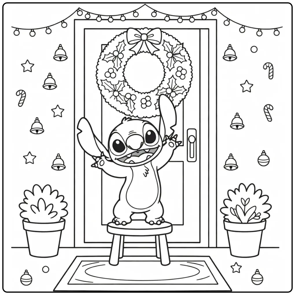 Leuke stitch kerst kleurplaat waar hij een krans ophangt.