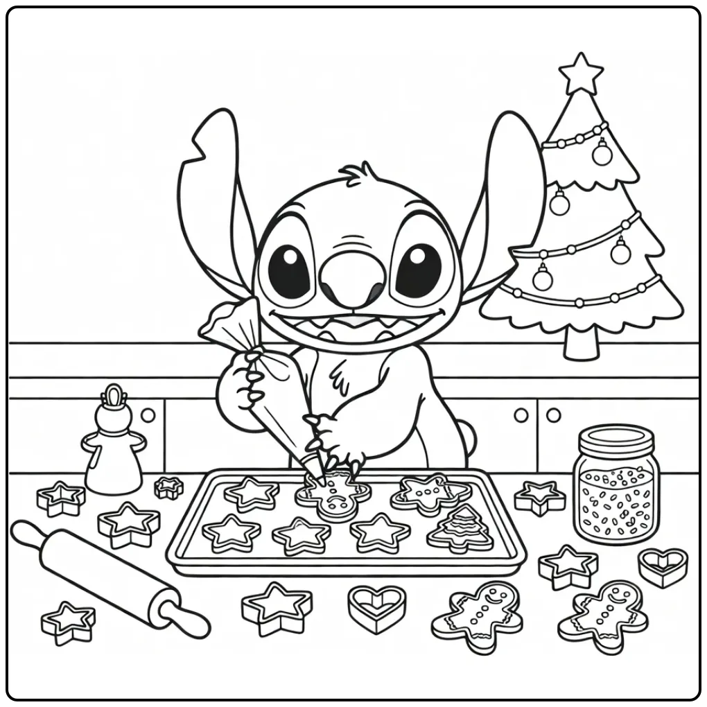Leuke stitch kerst kleurplaat waar hij koekjes versiert.