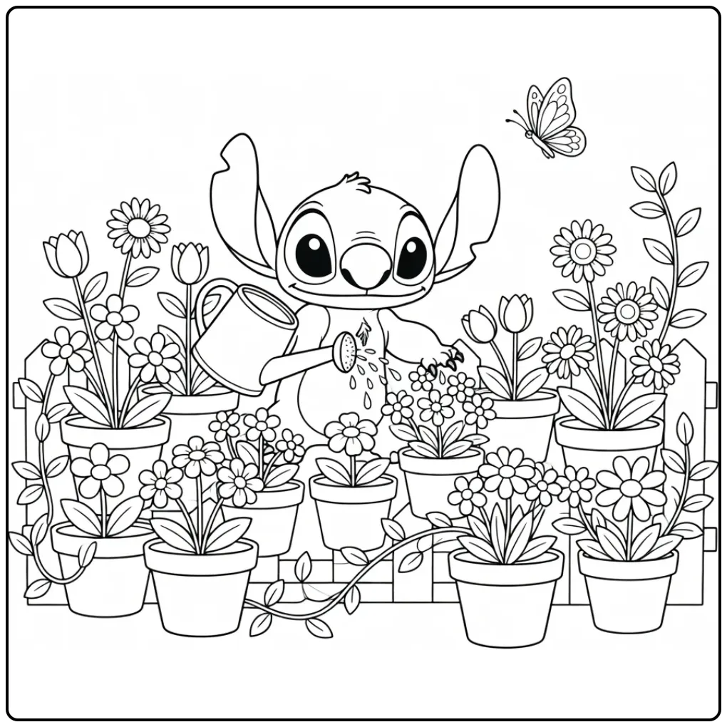 Stitch kleurplaat tuinieren met gieter en bloemen.