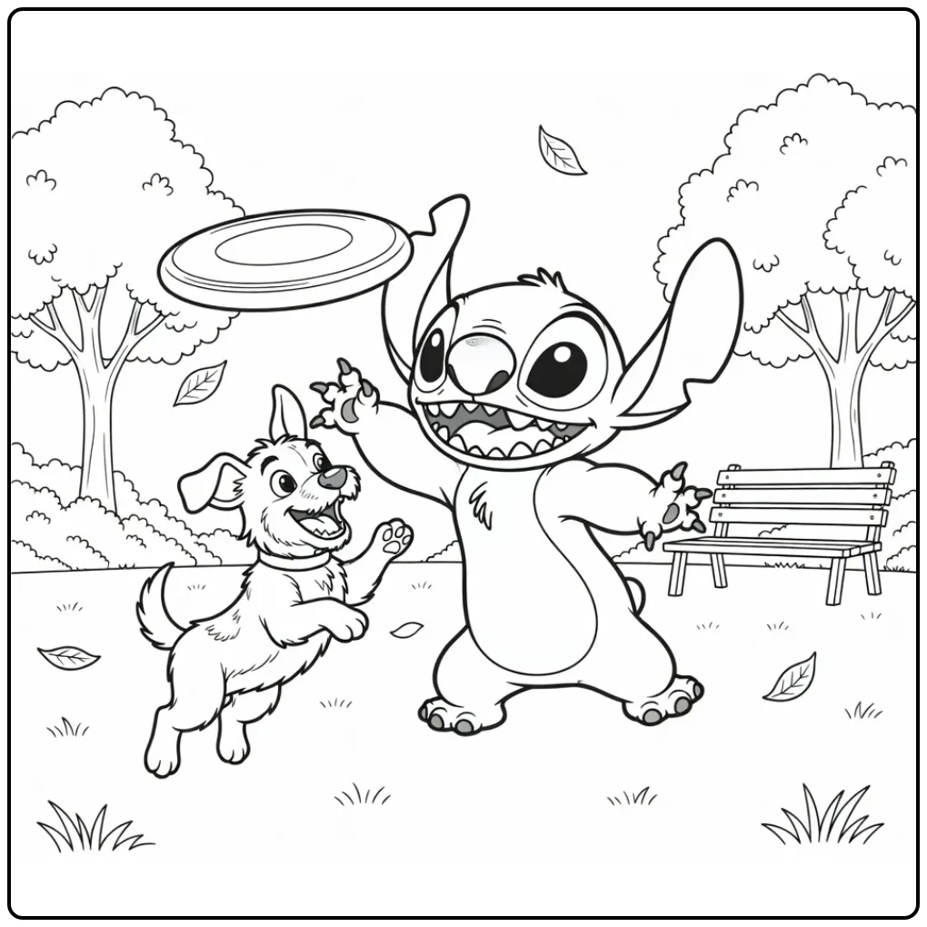 Stitch kleurplaat spelend met een frisbee en een klein hondje