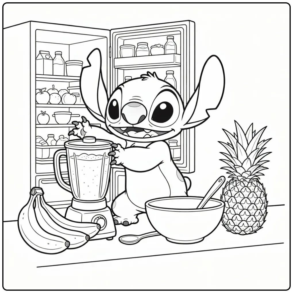 Stitch kleurplaat die een smoothie maakt in de keuken.