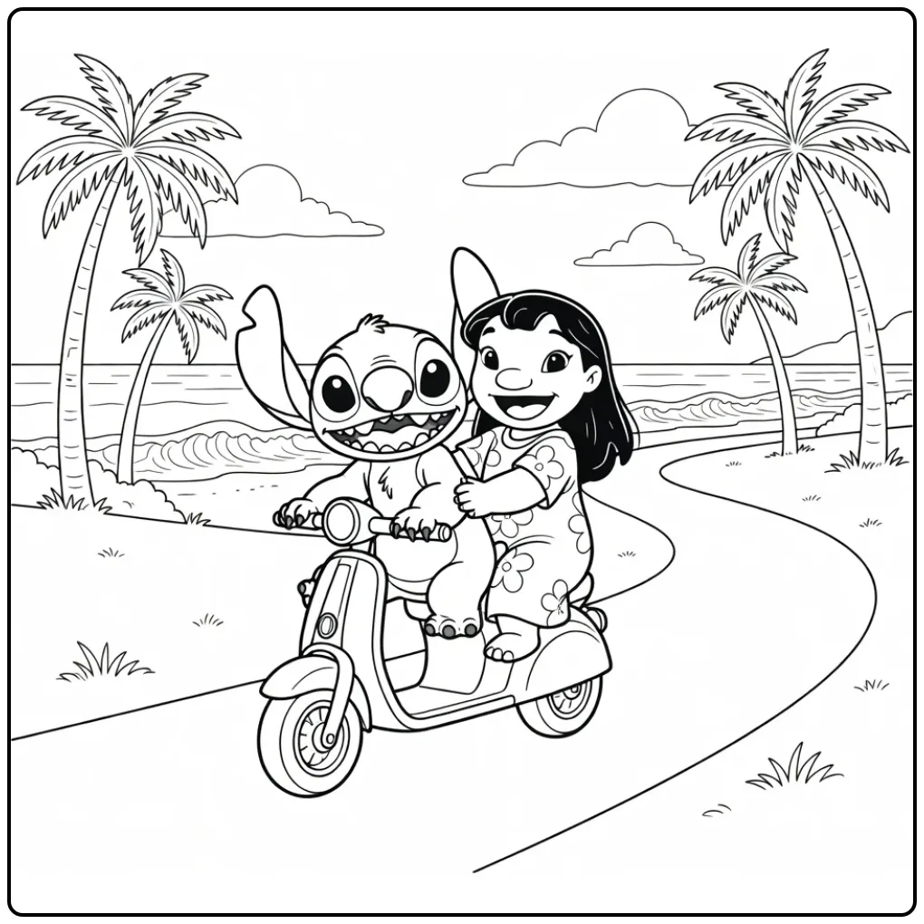 Stitch kleurplaat van Lilo en Stitch op een scooter aan zee.