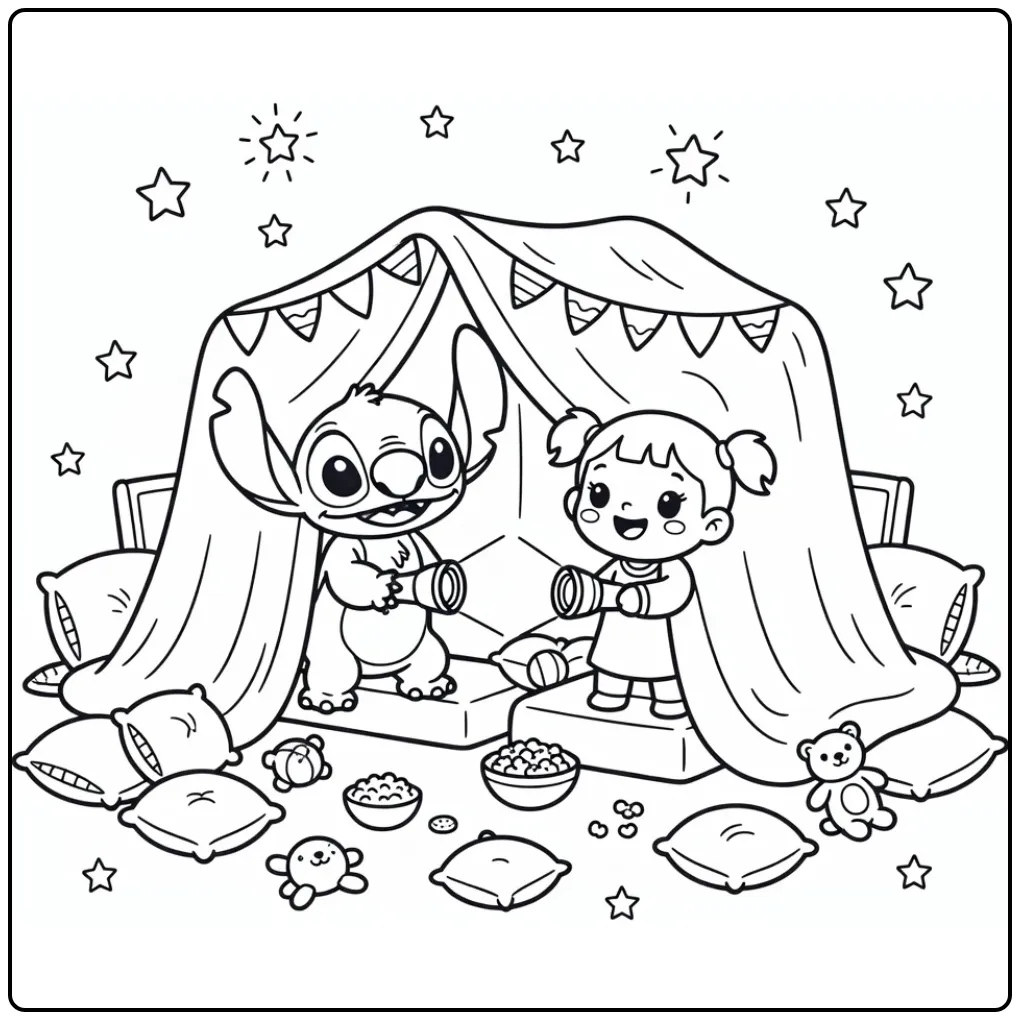 Stitch kleurplaat schattig in een knus kussenfort.
