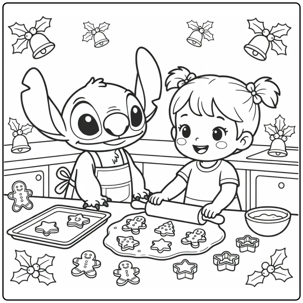 Stitch kleurplaat schattig kerst bakkend met een meisje.