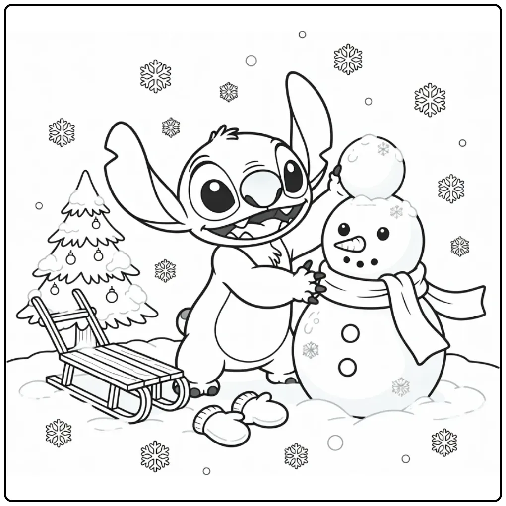 Stitch bouwt een sneeuwpop op deze stitch kleurplaat schattig kerst.