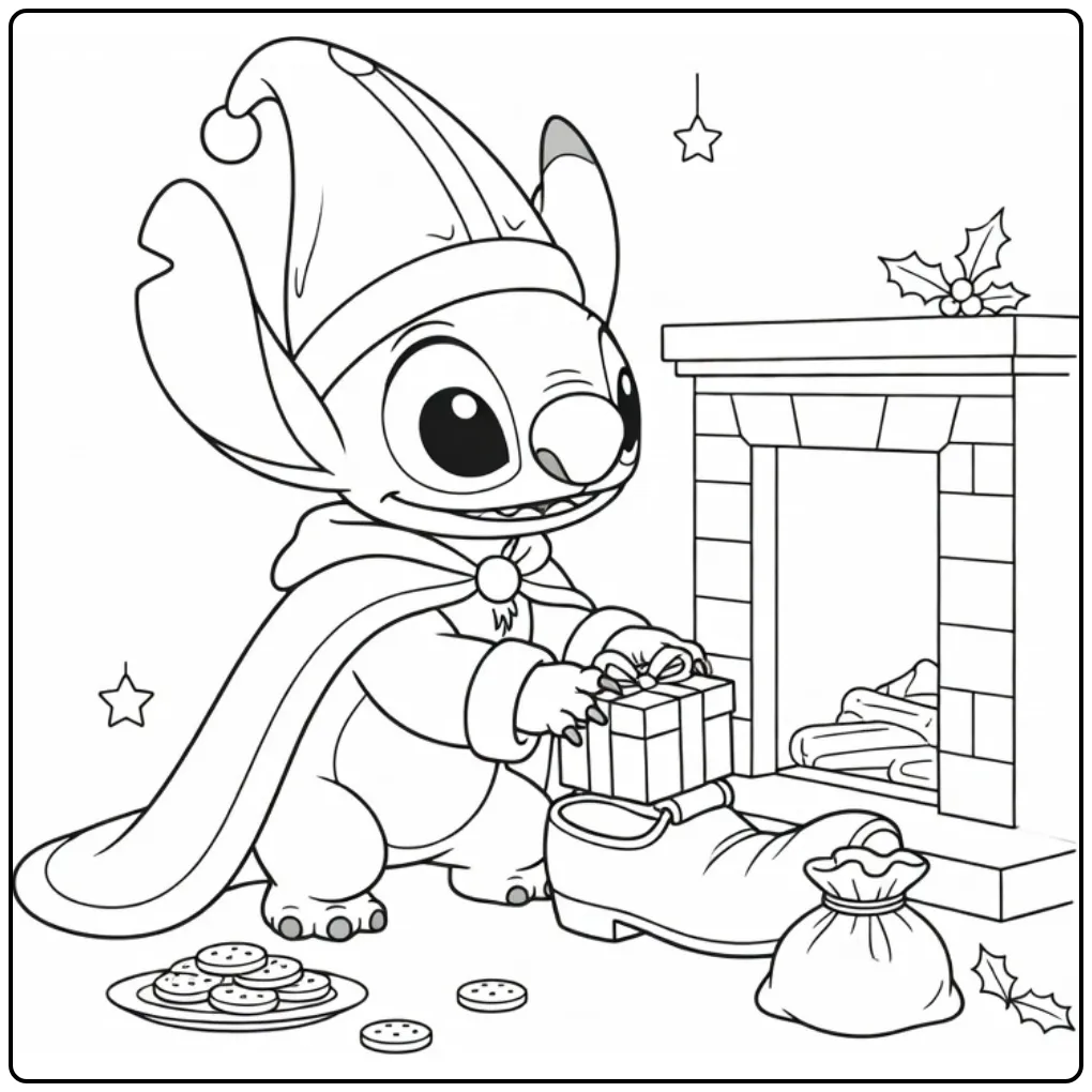 Stitch sinterklaas kleurplaat bij de open haard met schoen
