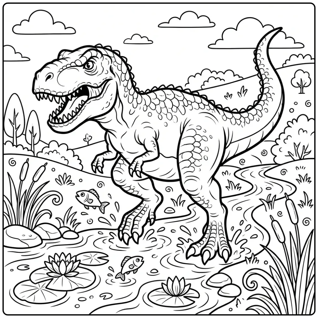 Leuke T rex kleurplaat met een dino die over water stapt.