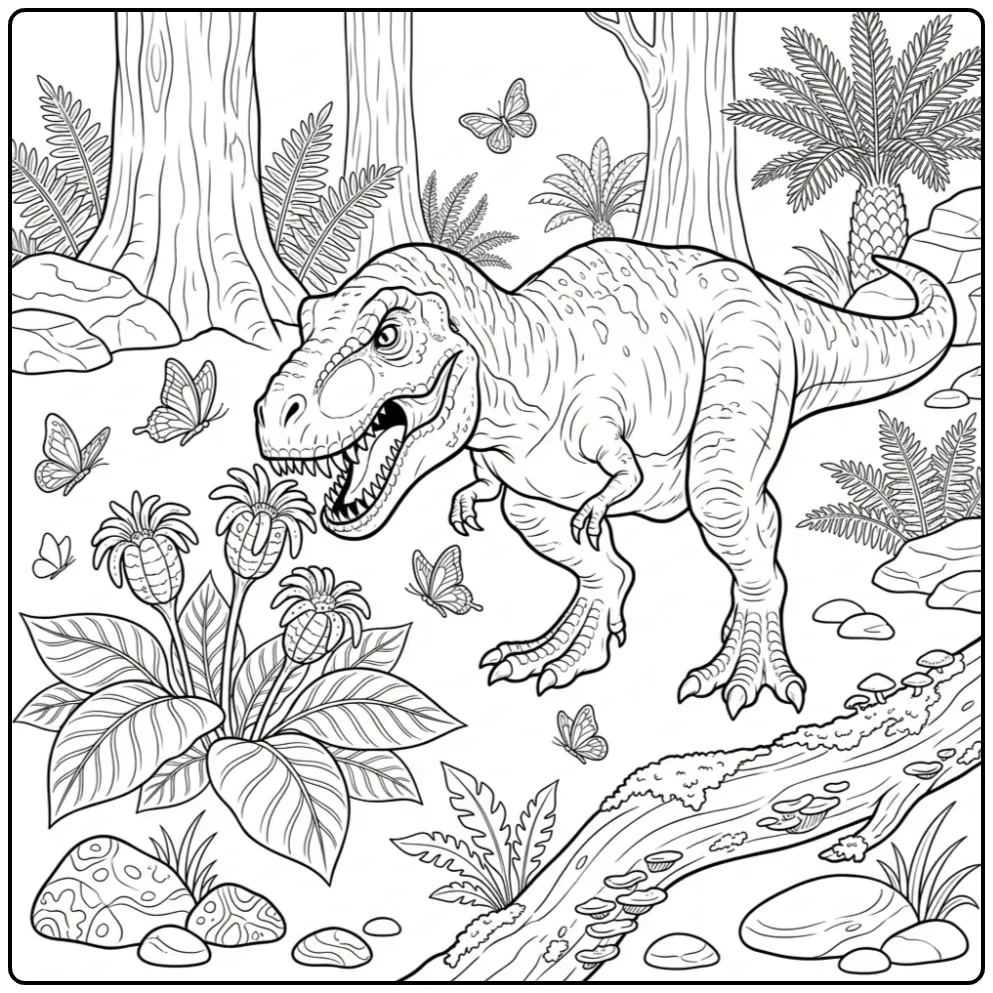 Schattige T rex kleurplaat ruikend aan prehistorische bloemen.