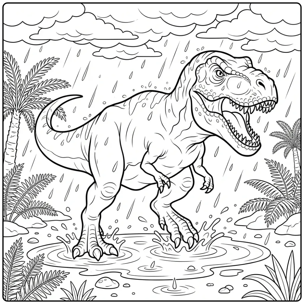 Schattige T rex kleurplaat wandelend in de regen.