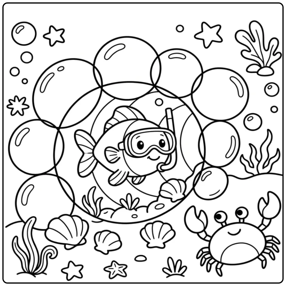 Leuke vis kleurplaat peuter zwemt door een tunnel van bellen.