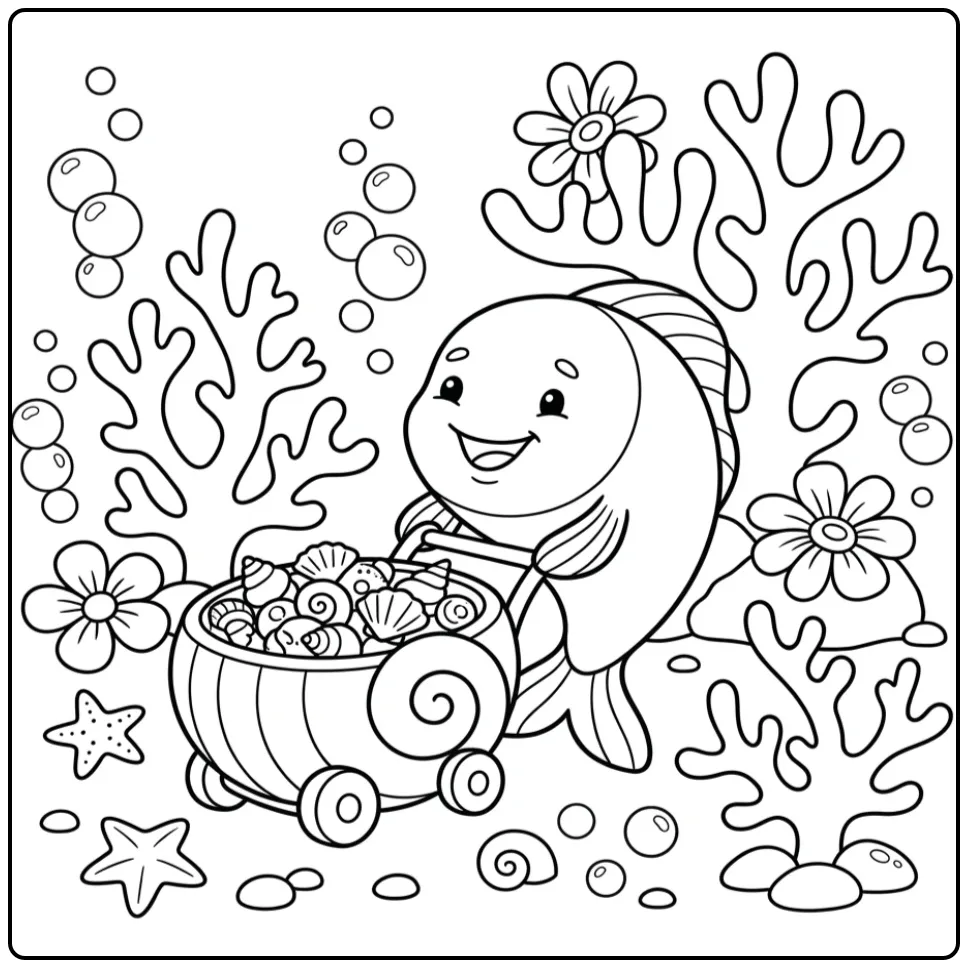 Lieve vis kleurplaat peuter speelt met schelpen.