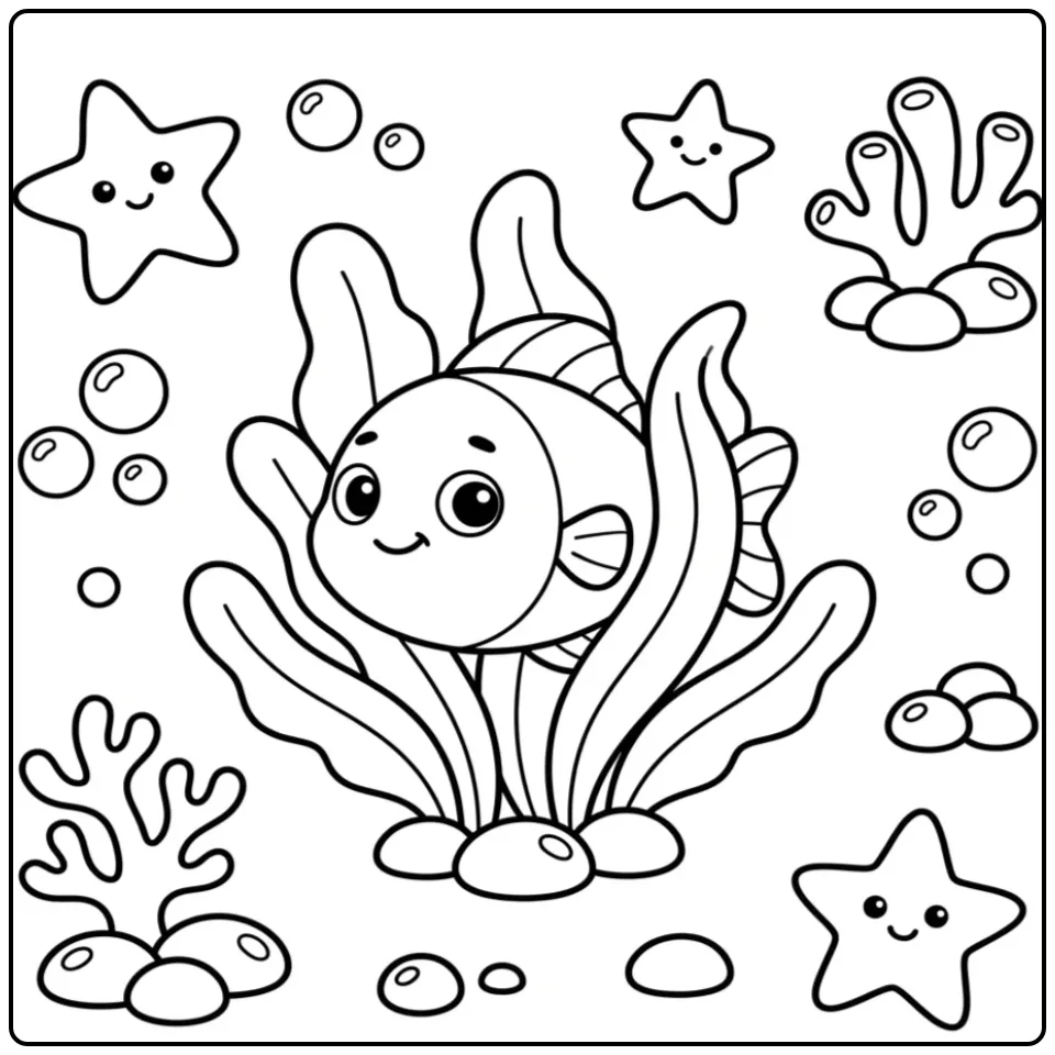 Een schattige vis kleurplaat peuter tussen het zeewier.