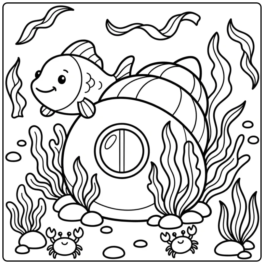 Leuke vis kleurplaat simpel bij een schelpenhuisje.