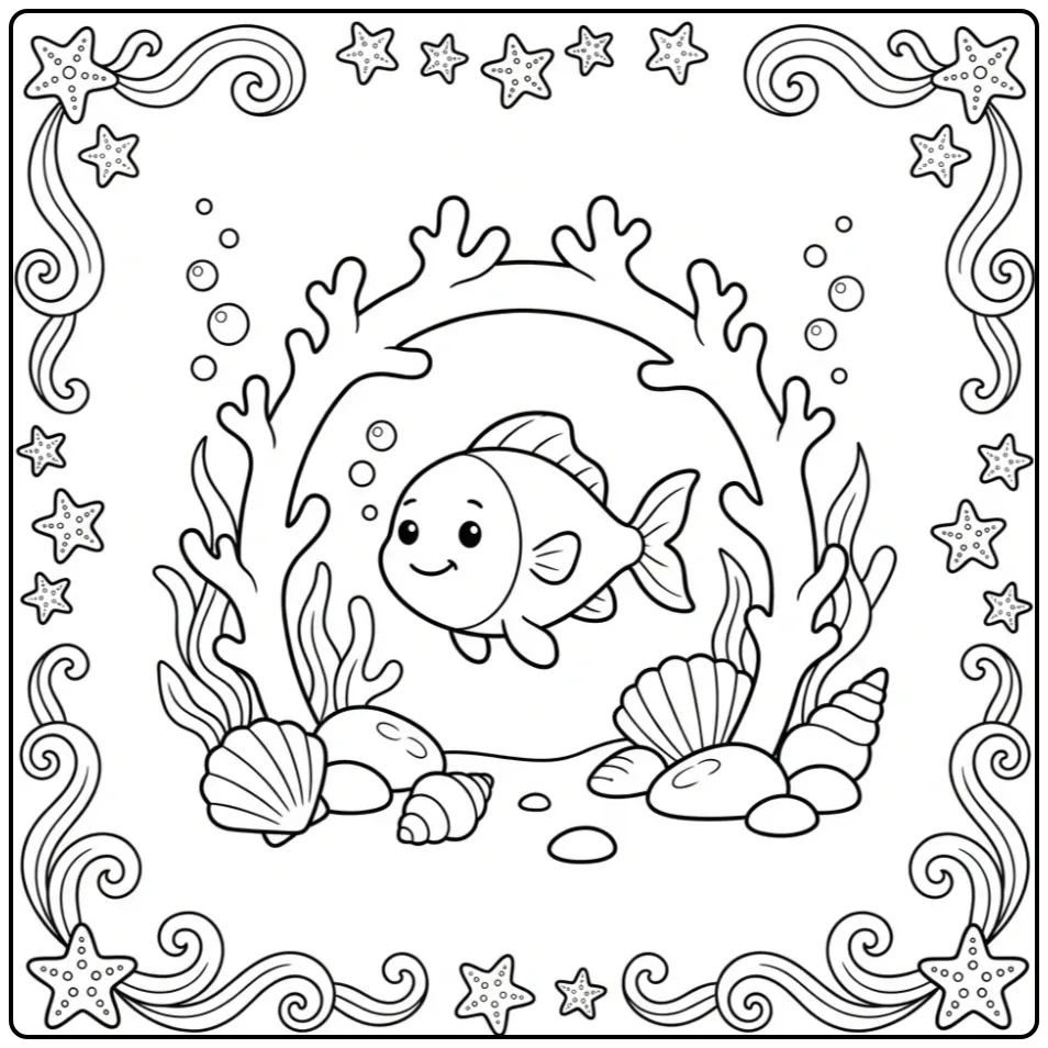 Een leuke vis kleurplaat simpel met koraal en bubbels.