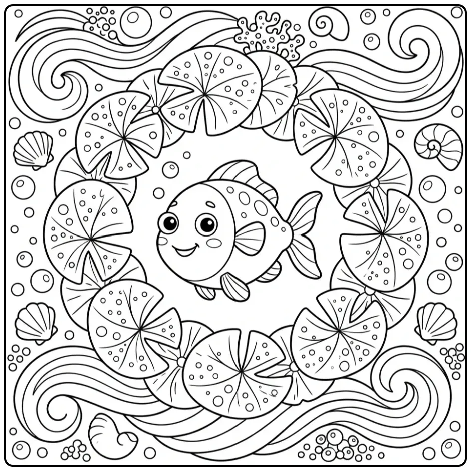 Leuke vis kleurplaat simpel met schelpen en bubbels.