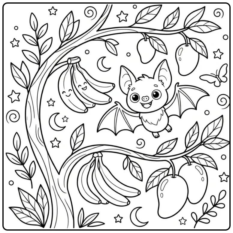 Schattige vleermuis kleurplaat met fruit en sterren.