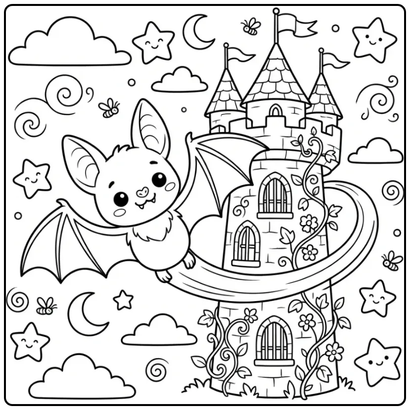 Een schattige vleermuis kleurplaat vliegend om een toren.