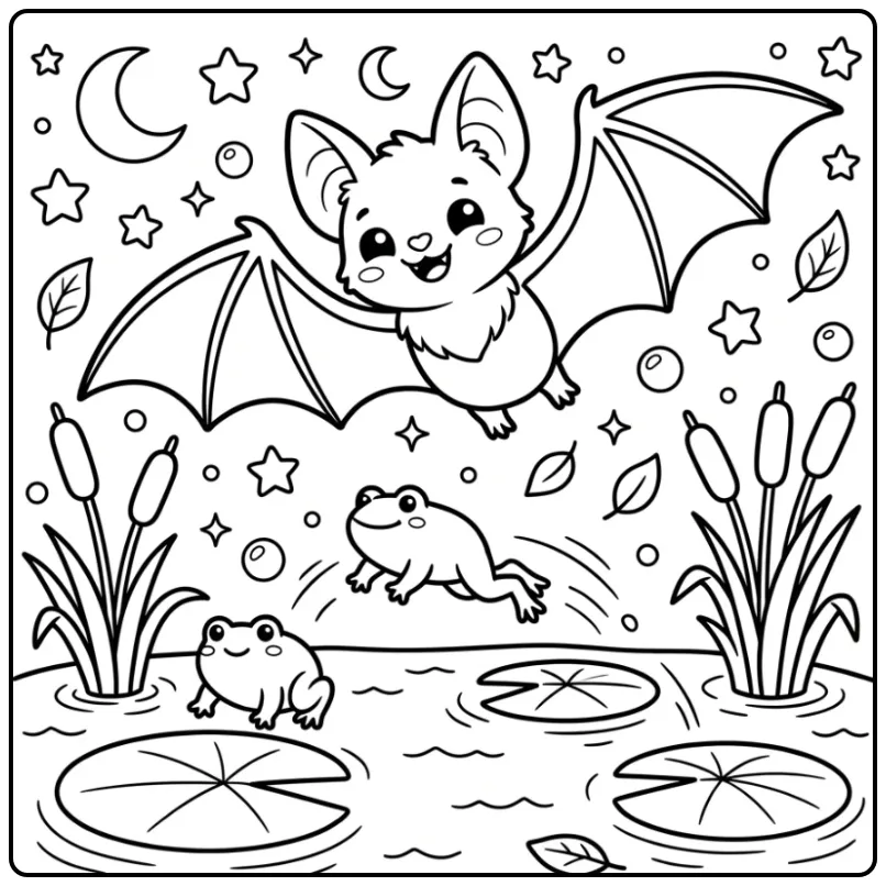 Schattige vleermuis kleurplaat met kikkers en waterlelies.