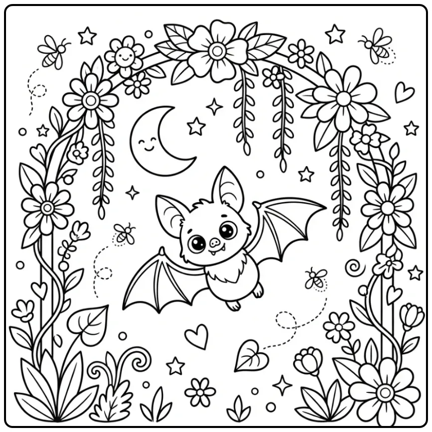 Schattige vleermuis kleurplaat vliegend door een bloemenboog