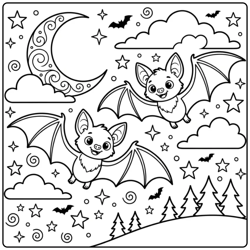 Schattige vleermuis kleurplaat met twee vliegende vriendjes