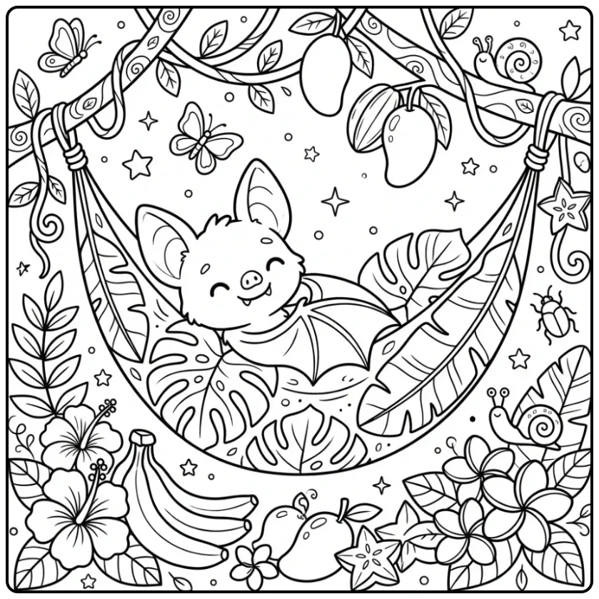 Schattige vleermuis kleurplaat in een hangmat van bladeren.