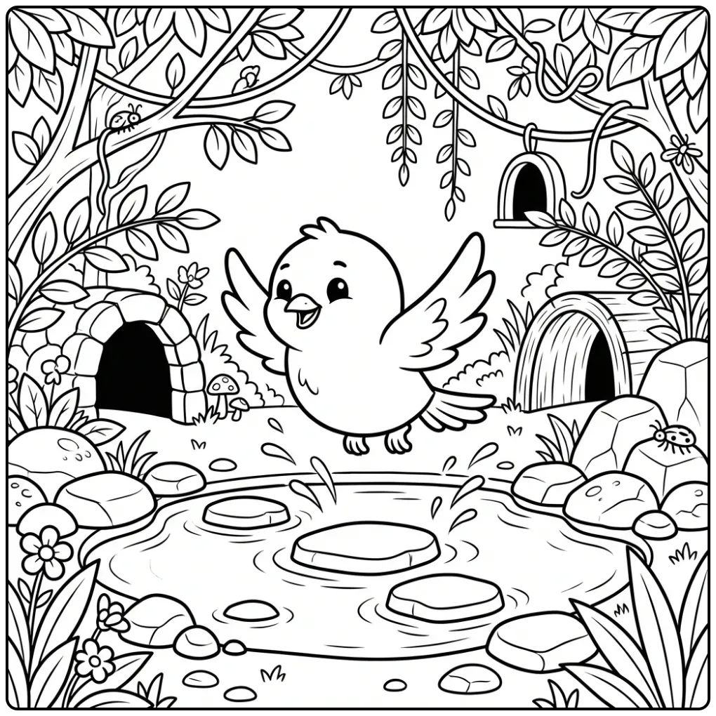 Schattige vliegende vogel kleurplaat boven een vijver.