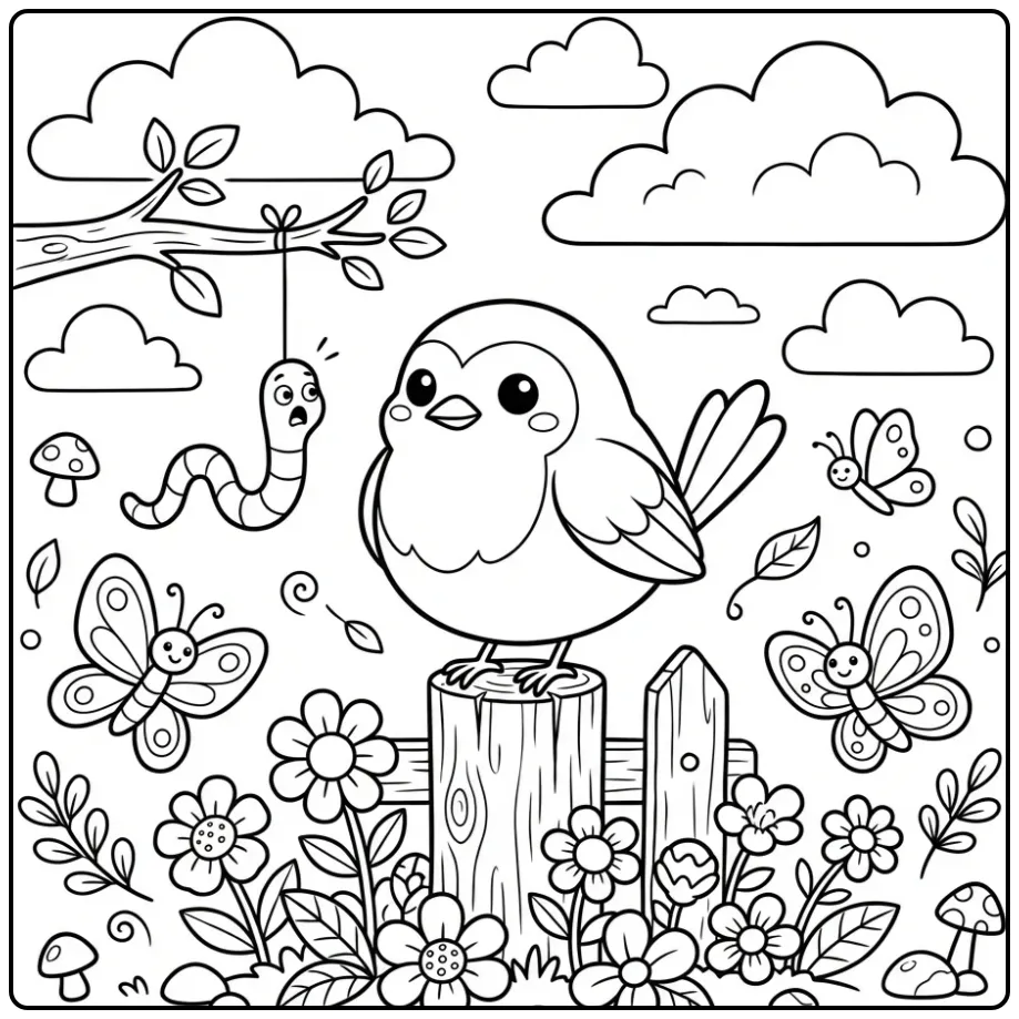 Een schattige vogel kleurplaat simpel van een rond roodborstje.