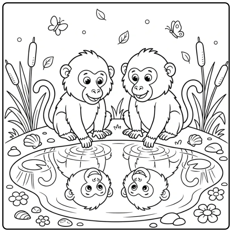 Leuke kleurplaat baviaan met twee apen bij een vijver.