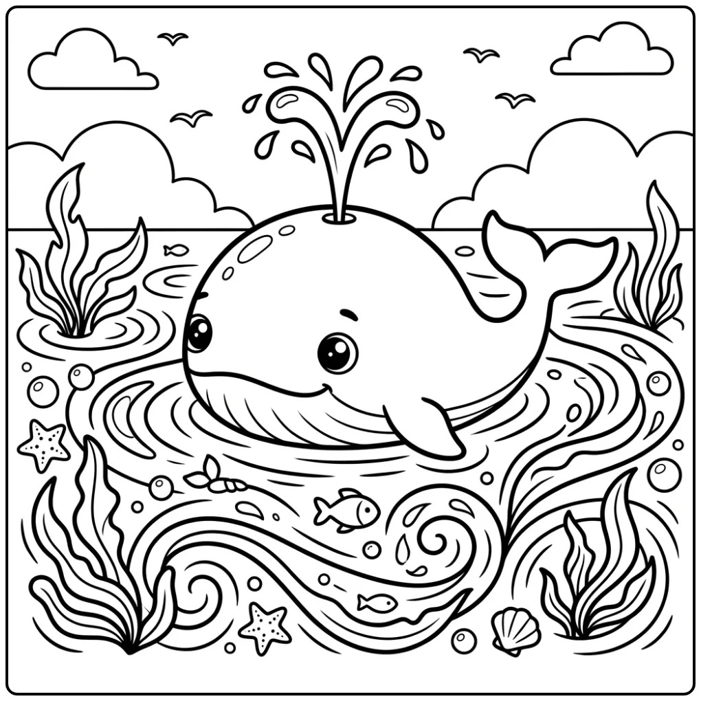 Schattige walvis kleurplaat met waterstraal en zeewier.