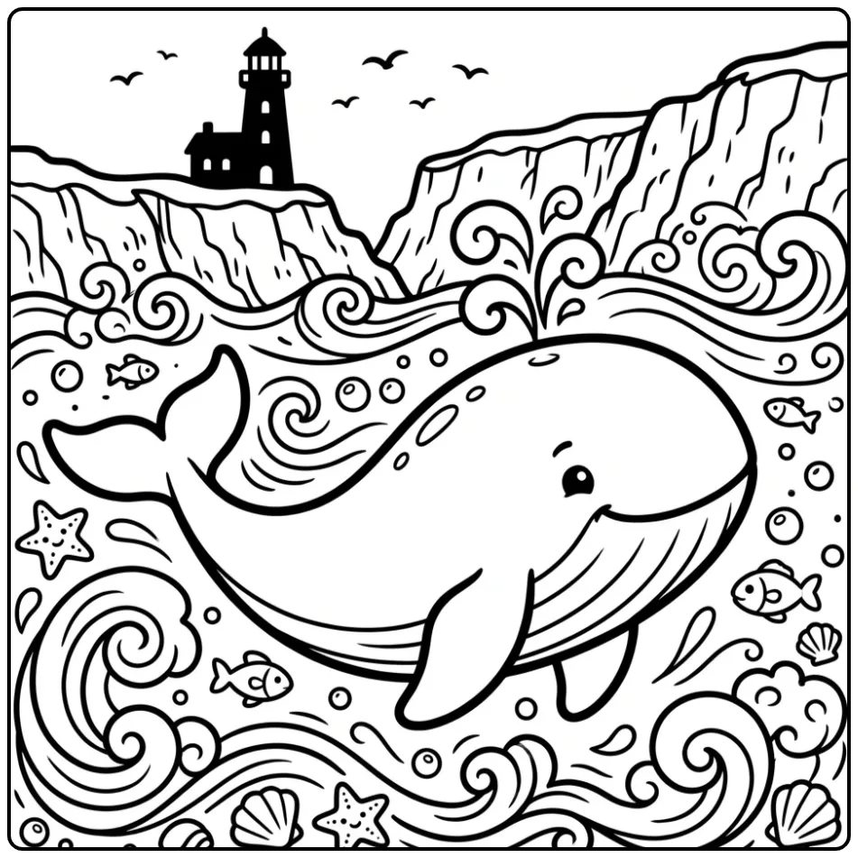 Schattige walvis kleurplaat zwemmend onder een vuurtoren.