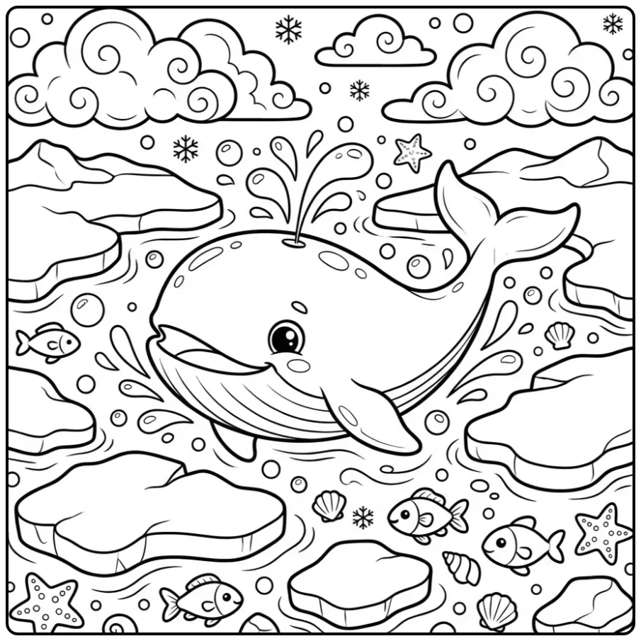 Schattige Groenlandse walvis kleurplaat tussen het ijs.
