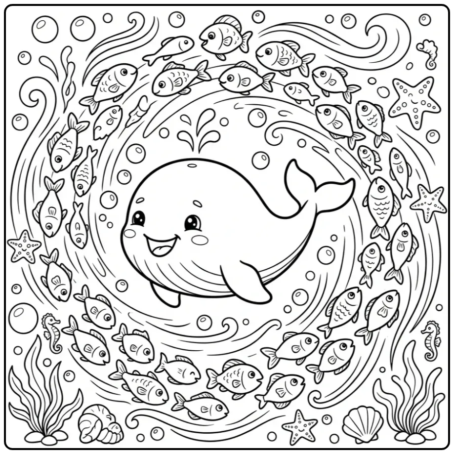 Leuke walvis kleurplaat zwemmend tussen een school vissen