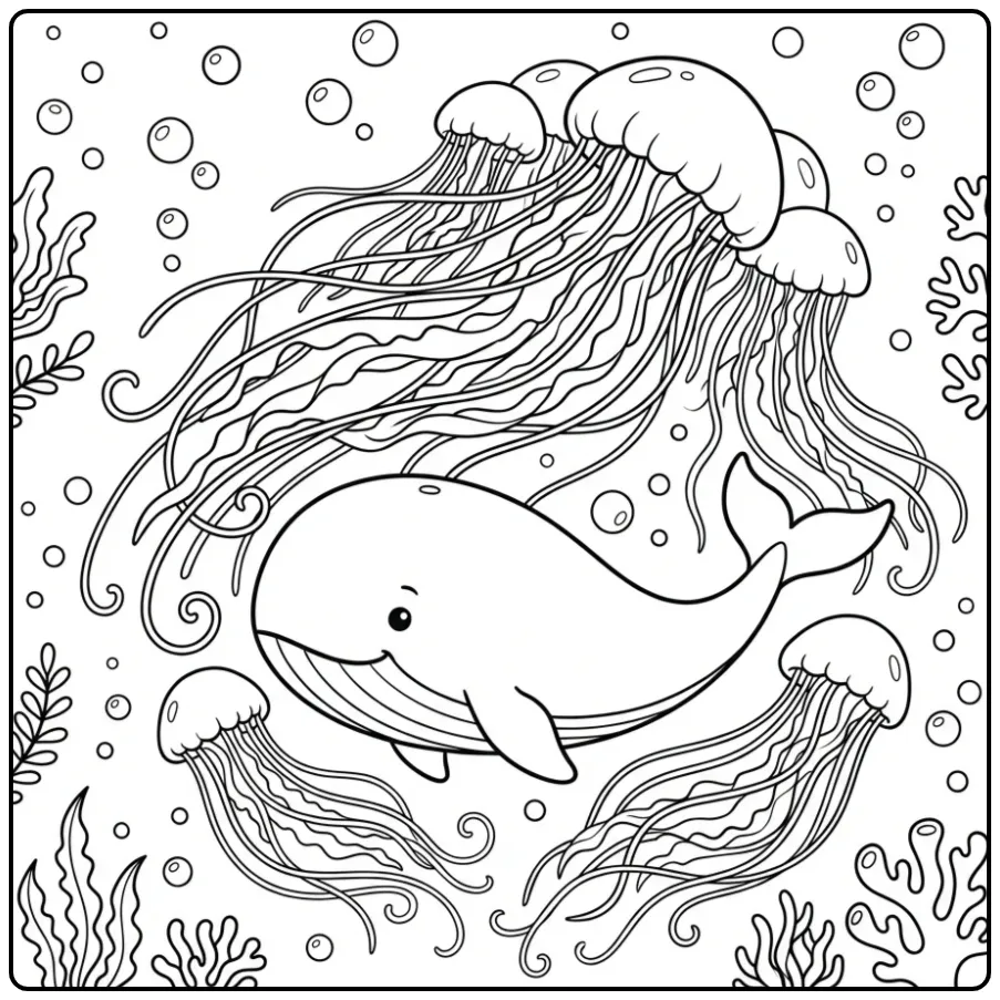 Cute walvis kleurplaat zwemt onder drijvende kwallen.