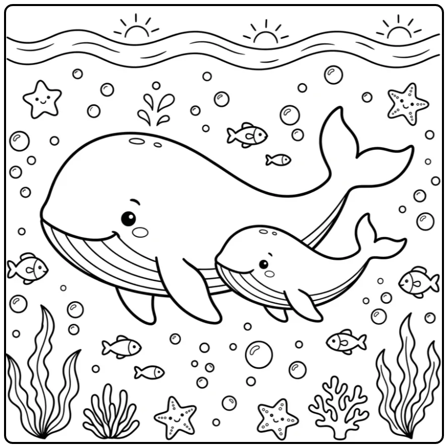 Schattige moeder en baby walvis kleurplaat onder water.