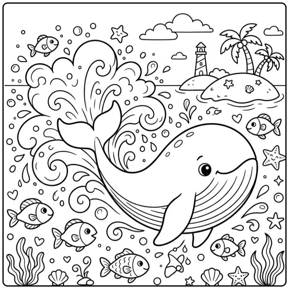 Schattige walvis kleurplaat van een bultrug die in het water plonst.