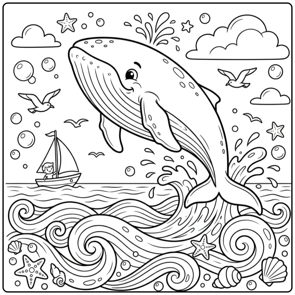 Schattige walvis kleurplaat met een springende bultrug in zee.