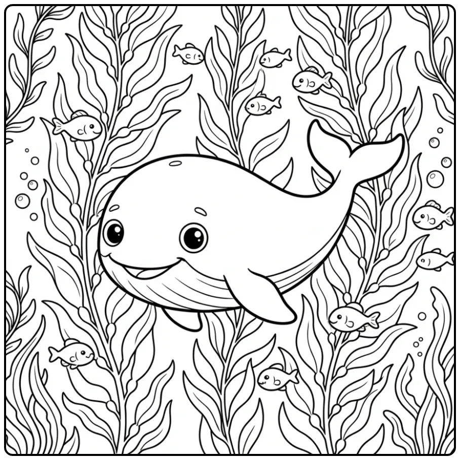 Schattige dwergvinvis walvis kleurplaat tussen het kelp.