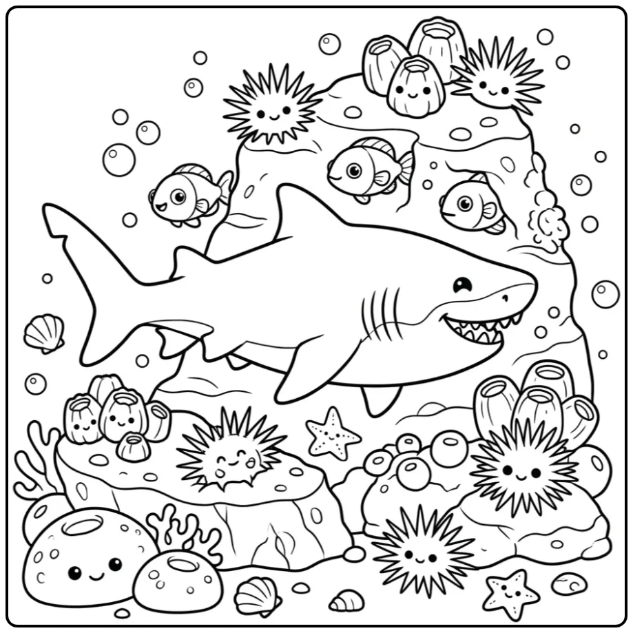 Schattige cartoon kleurplaat haai zwemmend langs een rif