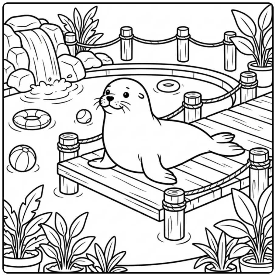 Leuke zeeleeuw kleurplaat op een houten steiger in de zon.