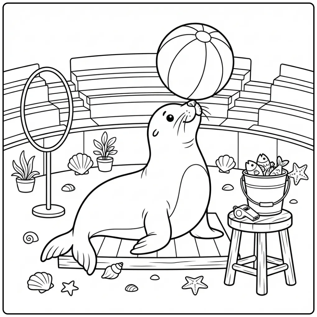 Speelse zeeleeuw kleurplaat met strandbal op neus.