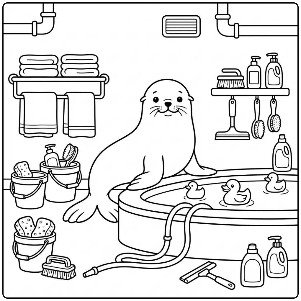 Schattige zeeleeuw kleurplaat met emmers en badeendjes.