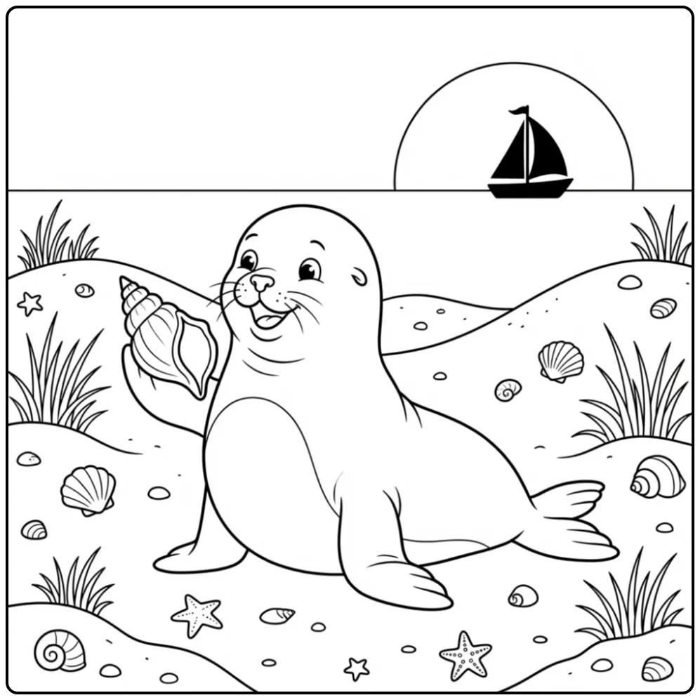 Schattige zeeleeuw kleurplaat op het strand met een schelp