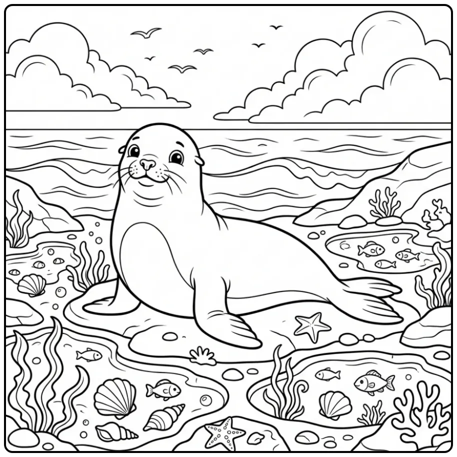 Leuke zeeleeuw kleurplaat op de rotsen aan het strand.