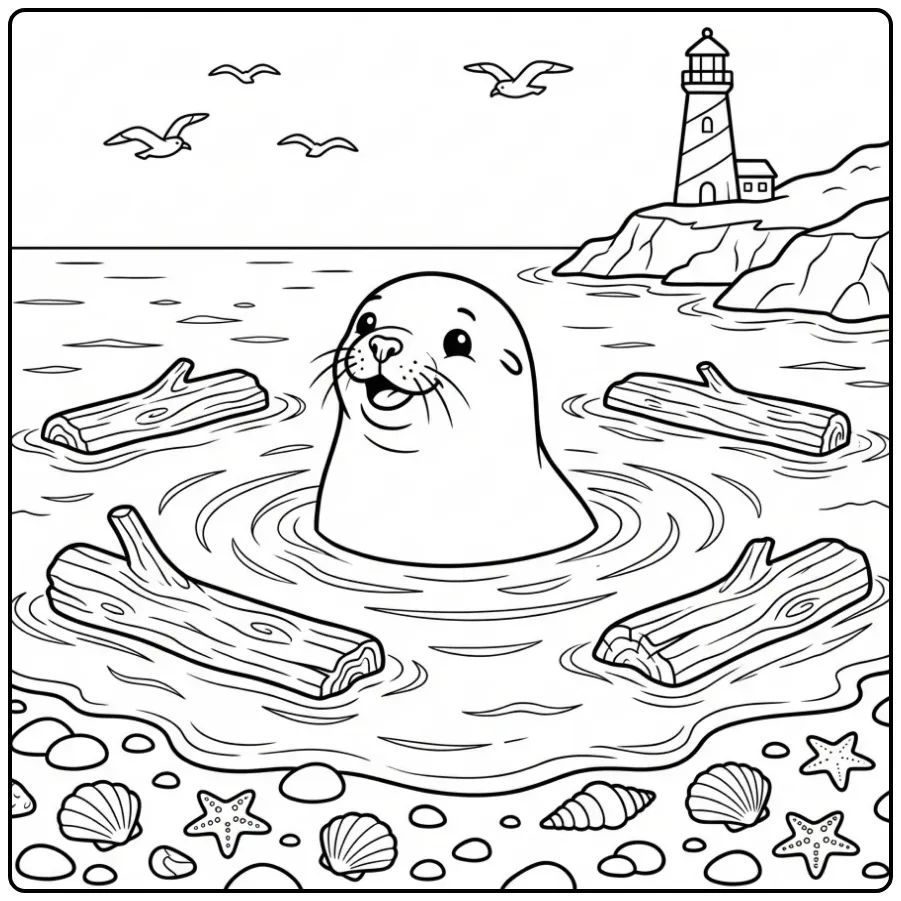 Leuke zeeleeuw kleurplaat met vuurtoren en waterpret.