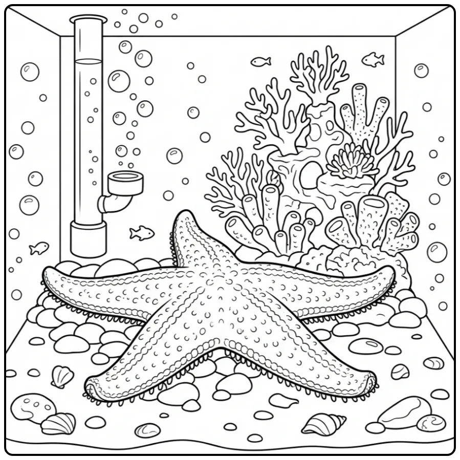 Schattige zeester kleurplaat in een aquarium met bubbels.